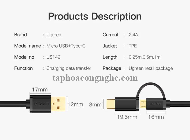 Ugreen 30173 0.5M màu Đen Thiết bị chuyển đổi USB 2.0 sang type-C và micro USB US142 30030173